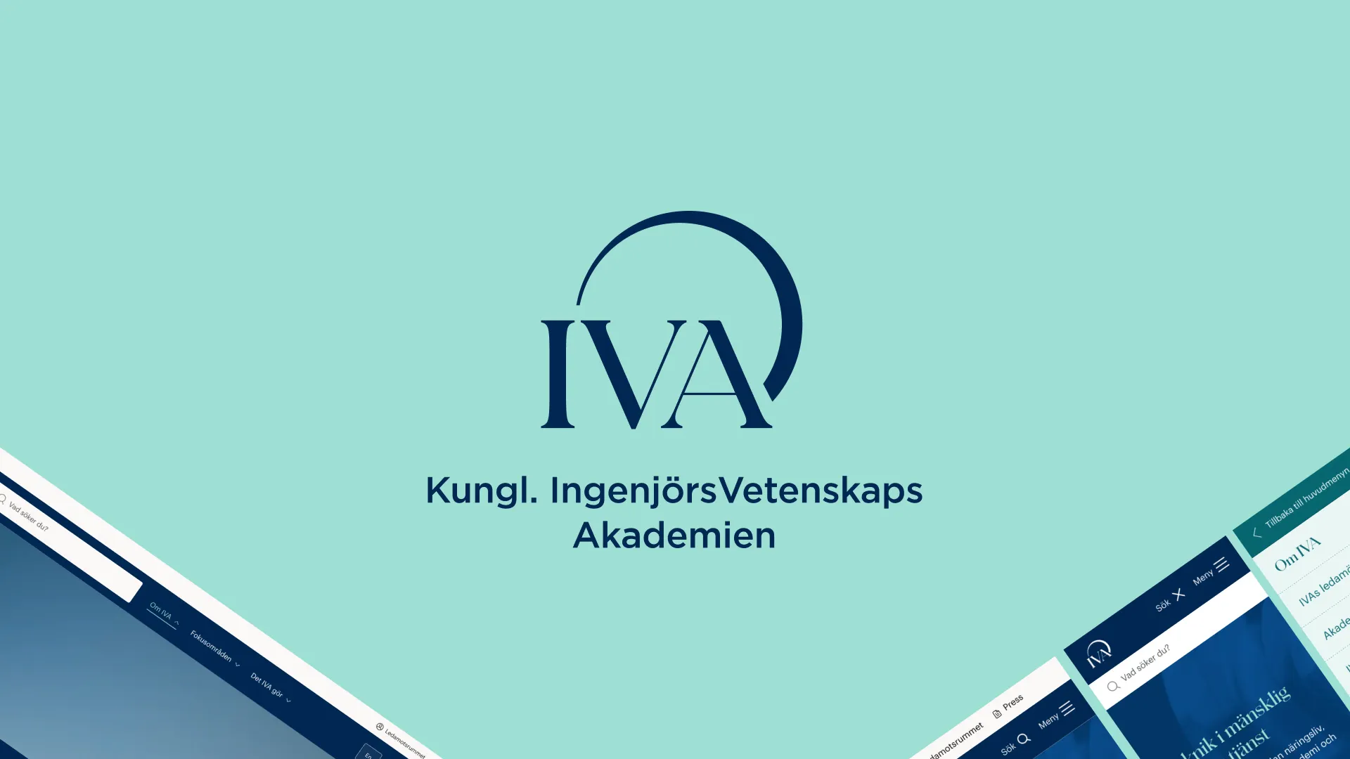 The IVA logo, Kungl. Ingenjörsvetenskapsakademien, on mint green, with screens of the new site in the corner.