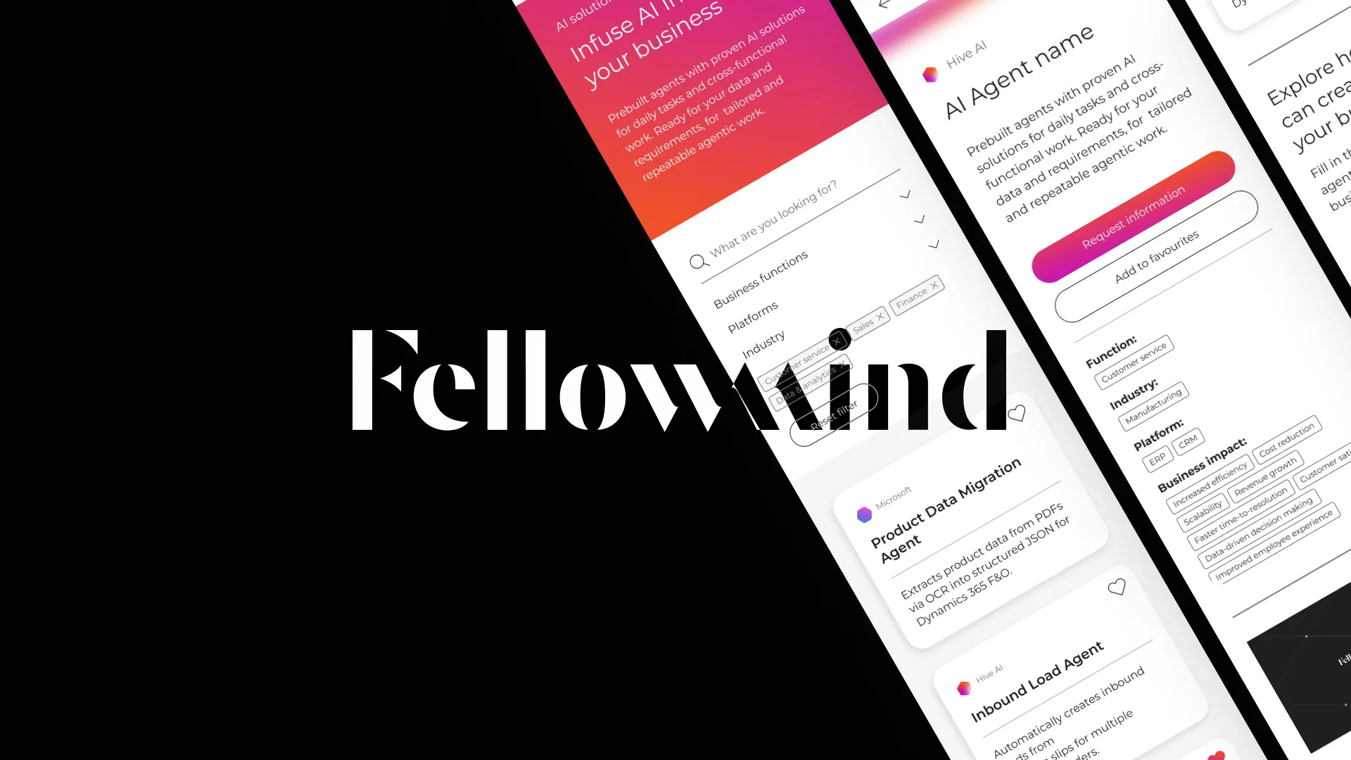 The Fellowmind logo on black, next to angled screens of the AI agent library.